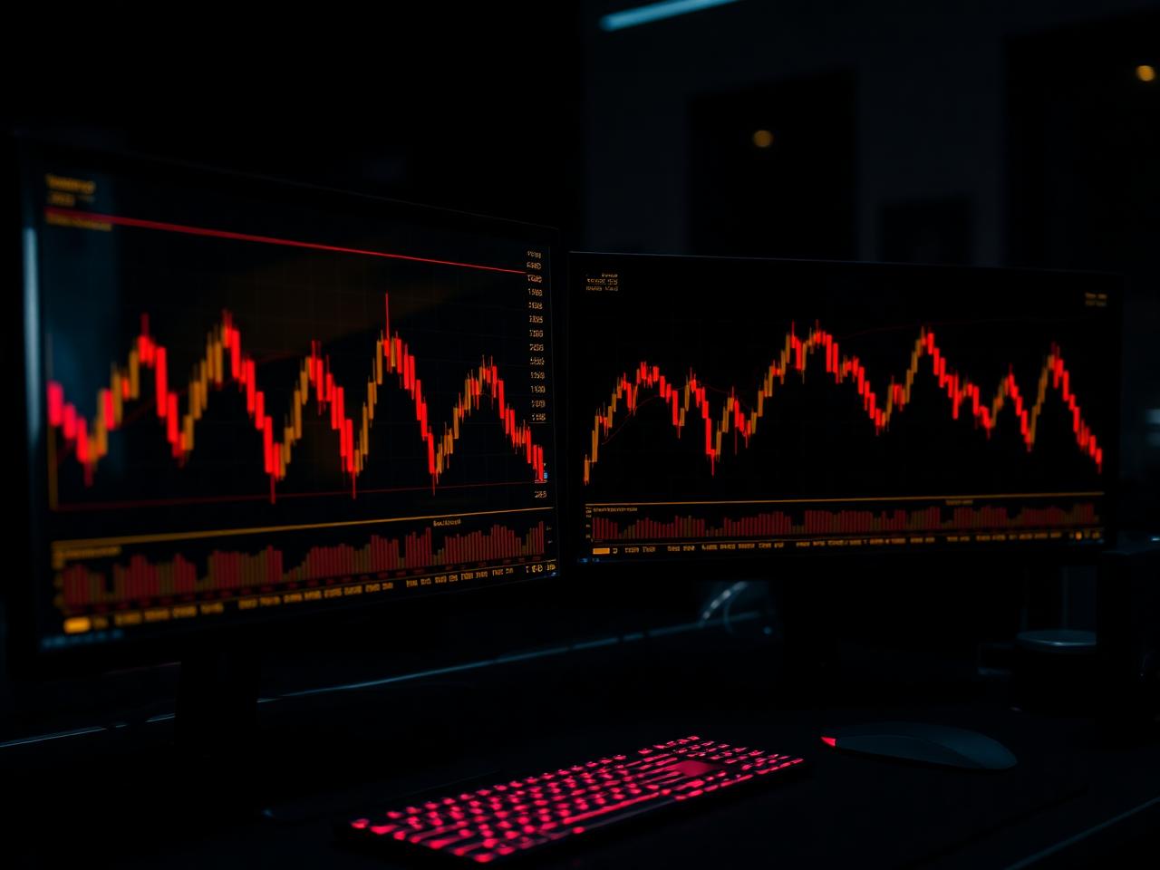 Dark trading desk with red and gold candlestick charts