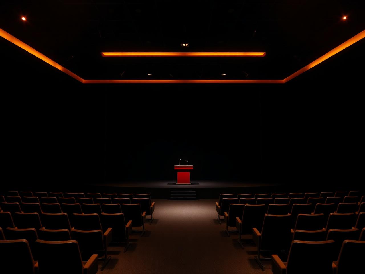 Dark auditorium with a red-lit lectern